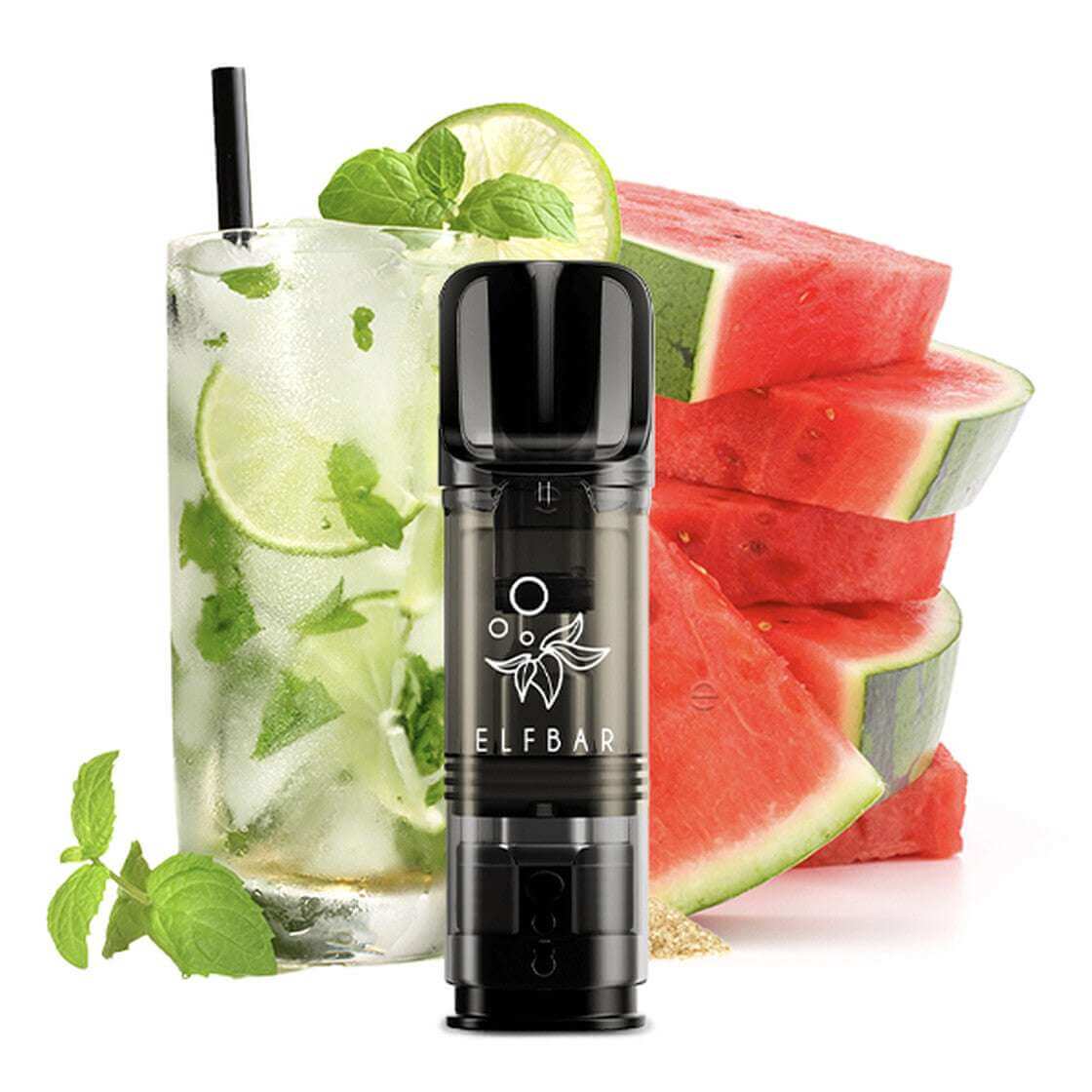 Elfbar ELFA vape device next to a refreshing watermelon mint cocktail and watermelon slices.